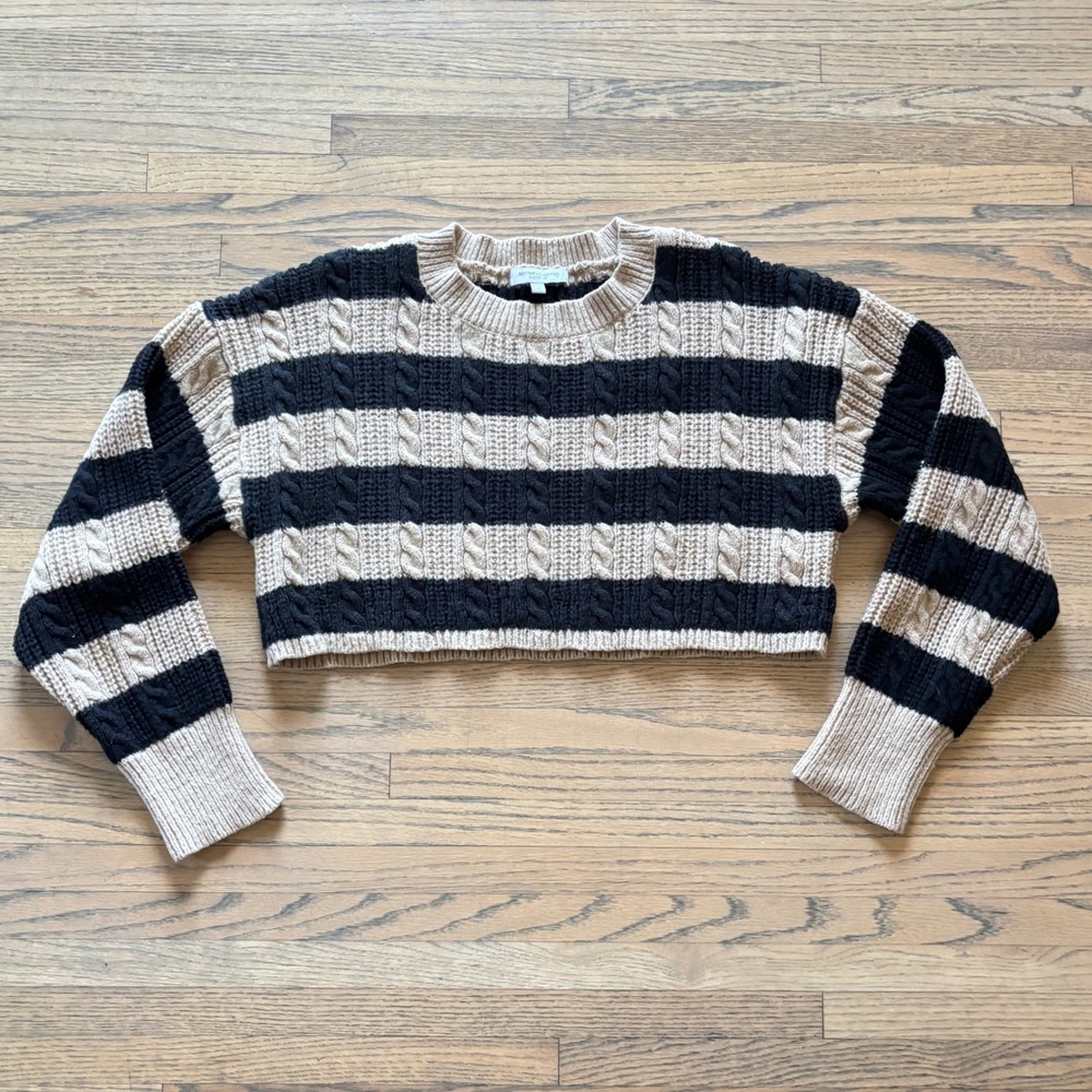 Nectar Clothing Women Large Striped Cable Knit Cropped Sweater Tan Black‎ Ribbed